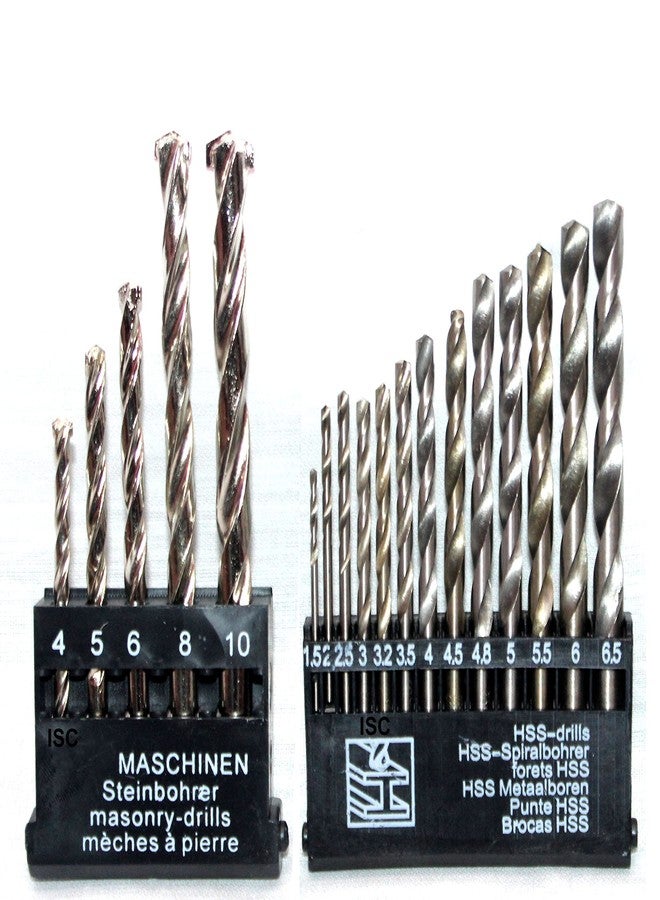 ISC Drill Bit Set Combo HSS 13 Pcs for Metal, Wood, Plastic & Masonary 5 Pcs Wall, Brick, 13+5 Bits - Perfect for Home Repairs and Light Jobs - Combo of 2 - Image 1